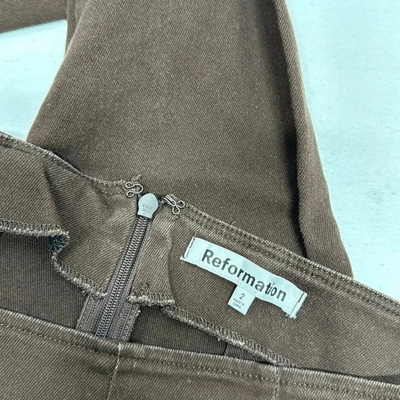 Reformation Pants Straight Leg Trousers Back Zip Cotton Stretch Brown Size 2 - Picture 5 of 8